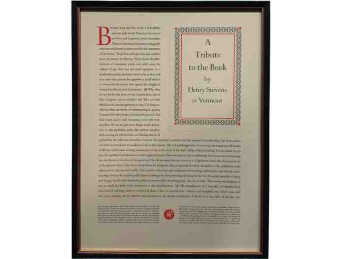 'A Tribute to the Book' by Henry Stevens of Vermont - Stinehour Press Broadside Print