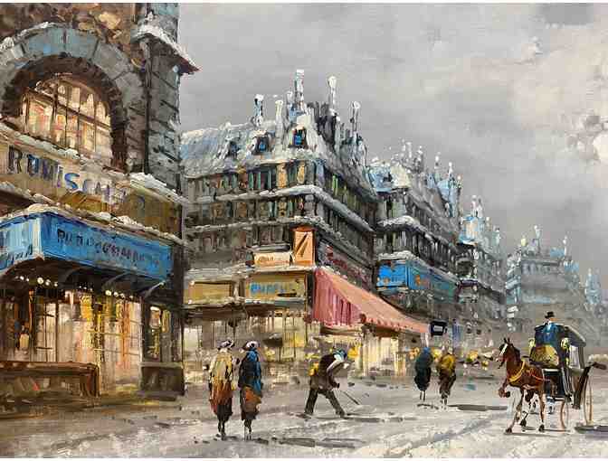 Large Original Oil Painting of Parisian Winter Street Scene by Antonio DeVity