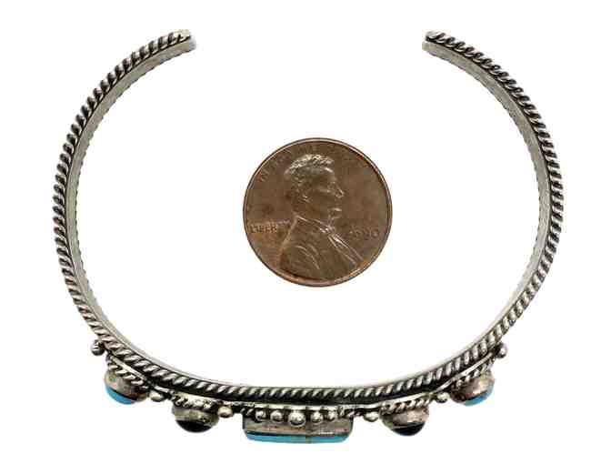Turquoise and Onyx Navajo Sterling Silver Bracelet by D. Cadman