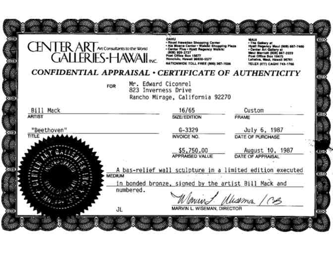 Beethoven Bonded Bronze Bas-Relief Sculpture by Bill Mack