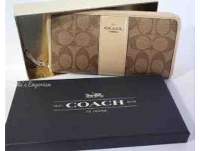 Coach Khaki Platinum Wallet with American Express and Visa Gift Cards
