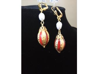 Red & Gold Cloisonne & Freshwater Pearl Earrings