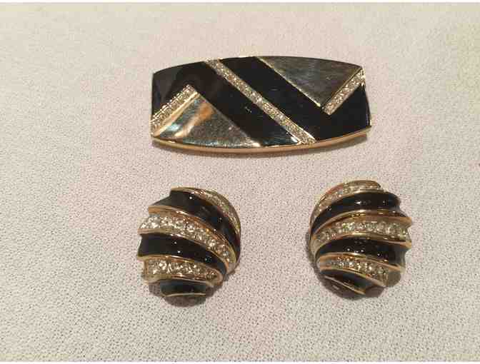 Brooch and Earrings - Black, Gold and Cubic Zirconium