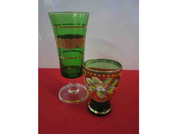 Vintage Green Glass Decanter, Pitcher, Six Shot Glasses and Six Cordial Glasses