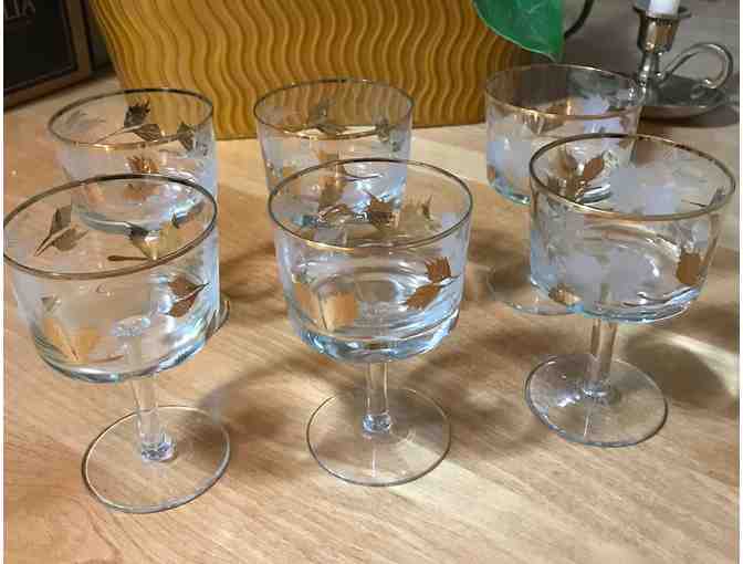 Set of 6 Stemmed Cordial/Aperitif Glasses with Gilt and Etched Decoration