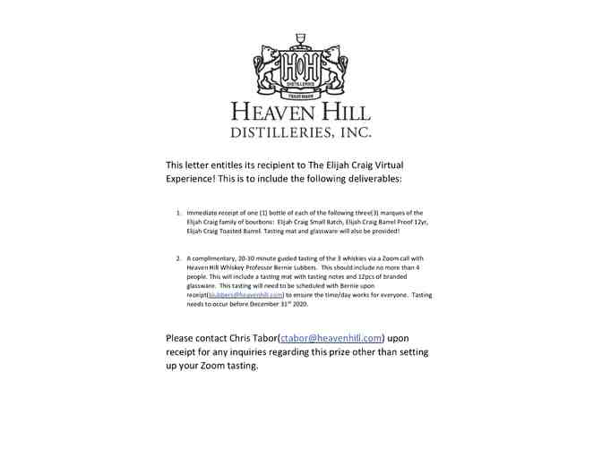 Heaven Hill Distilleries, Inc. Elijah Craig Virtual Tasting Experience