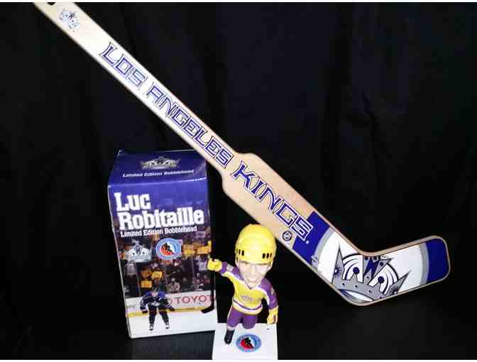 LA Kings Set-Signed Mini Hockey Stick by Goalie Jonathan Quick + Luc Robitaille Bobblehead