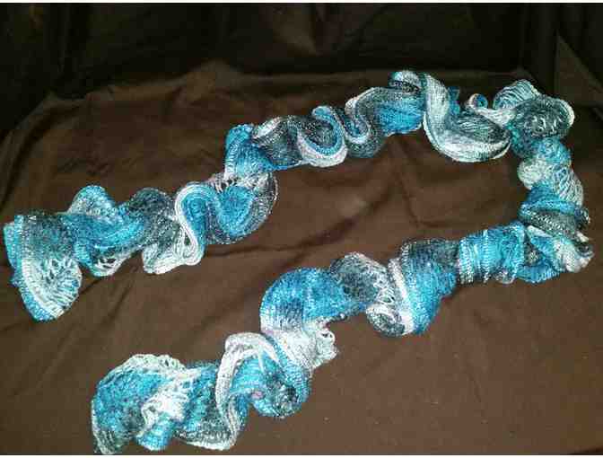 Handmade Knitted Ladies Silk Scarf in Turquoise, Powder Blue and Silver