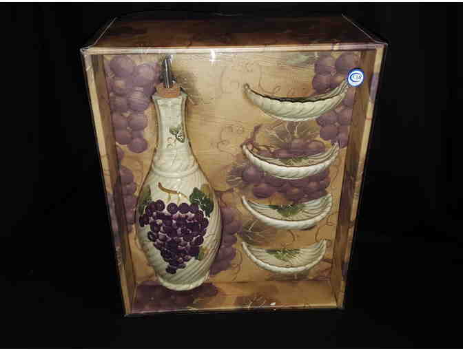 Grape-Patterned Ceramic Olive Oil Dispenser with Four Dipping Dishes
