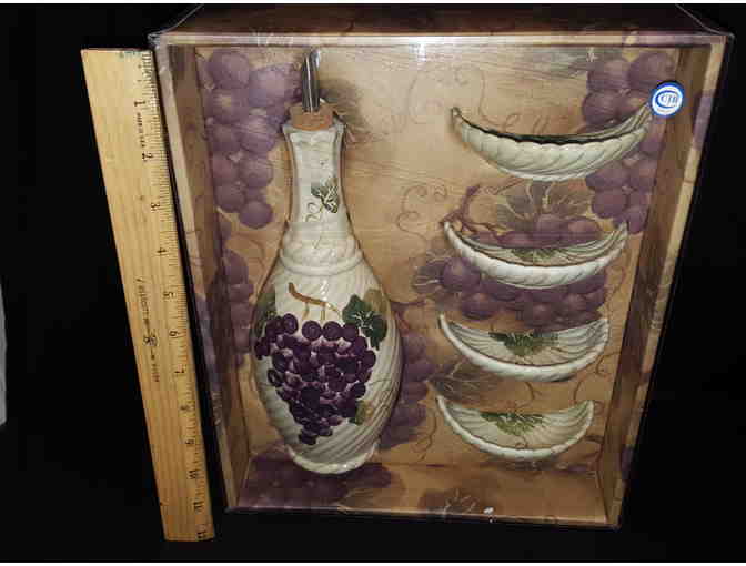 Grape-Patterned Ceramic Olive Oil Dispenser with Four Dipping Dishes