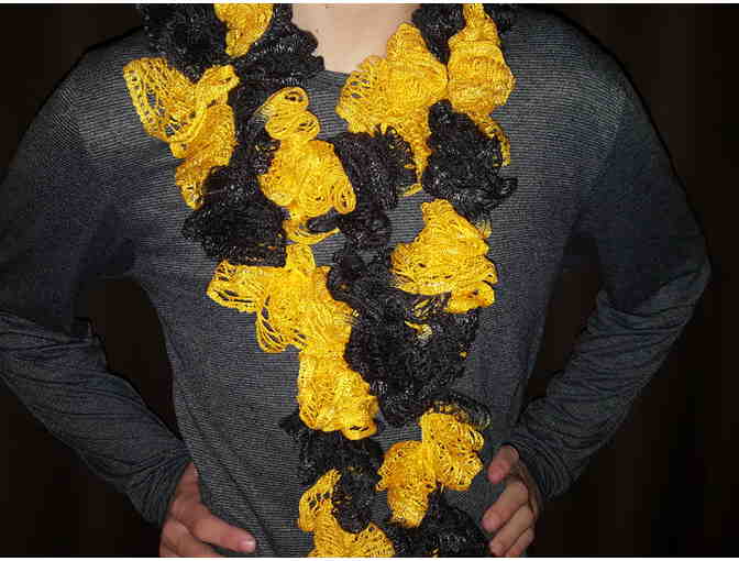 Handmade Knitted Ladies Scarf, Medium 8' Length, Yellow and Black Curly Pattern
