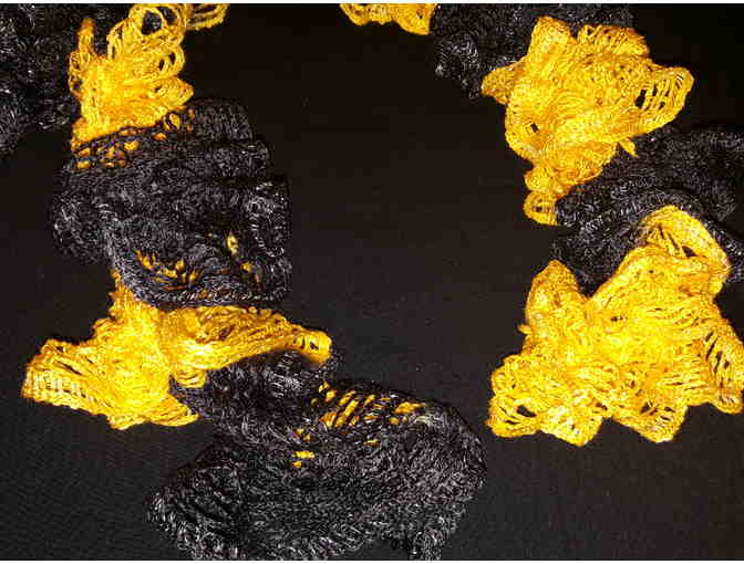 Handmade Knitted Ladies Scarf, Medium 8' Length, Yellow and Black Curly Pattern