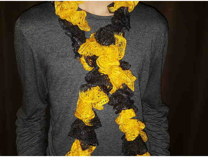 Handmade Knitted Ladies Scarf, Shorter 6.5' Length, Yellow and Black Curly Pattern