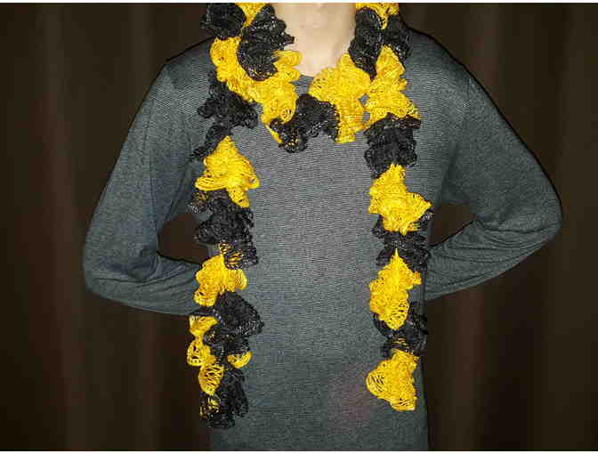 Handmade Knitted Ladies Scarf, Shorter 6.5' Length, Yellow and Black Curly Pattern