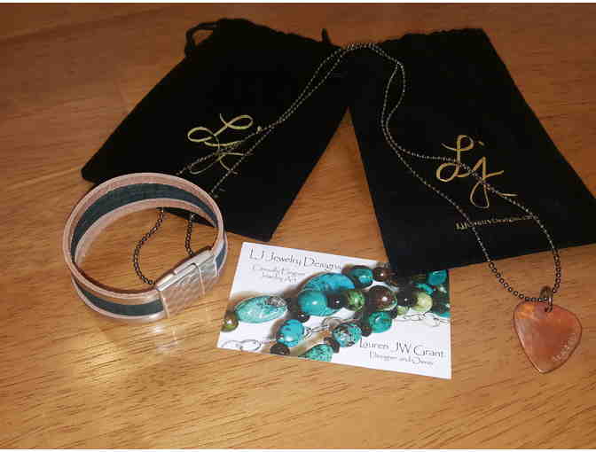 Jewelry--Li Jewelry Leather Bracelet, "Blessed" Heart Necklace; Kate Mesta Heart Necklace - Photo 1