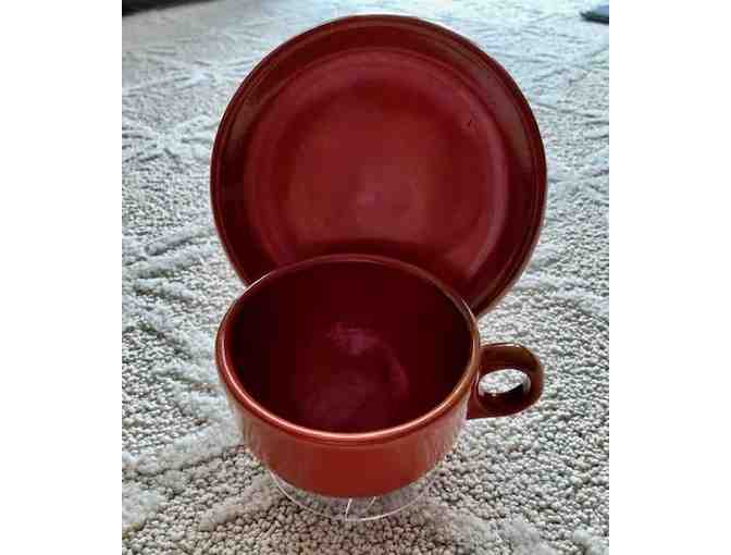 Catalina Pottery Toyon Red Cup and Dessert Plate Set with Stands