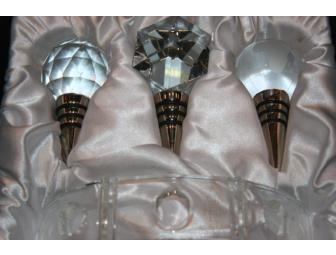 3 Crystal (Shannon) and Nickle Bottle Stoppers with Stand
