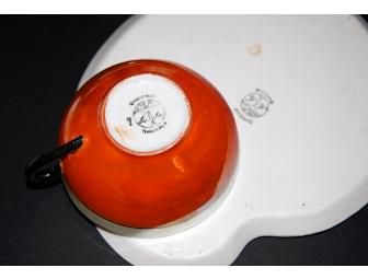 VINTAGE GERMAN BAVARIA PORCELAIN TEA POT SET & DAMASK TABLECLOTH