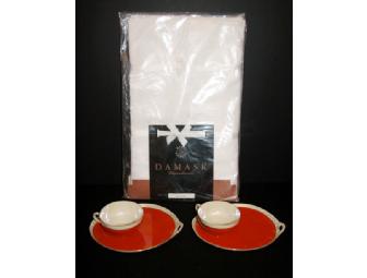 VINTAGE GERMAN BAVARIA PORCELAIN TEA POT SET & DAMASK TABLECLOTH