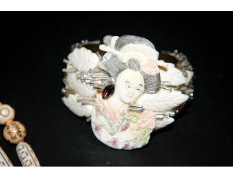 VINTAGE IVORY 'GEISHA' CUFF BRACELET & ASIAN INSPIRED FABRIC EVENING BAG