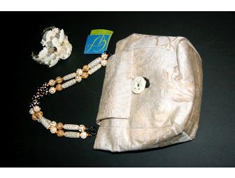 VINTAGE IVORY 'GEISHA' CUFF BRACELET & ASIAN INSPIRED FABRIC EVENING BAG