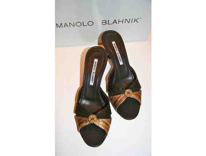 Manolo Blahnik snake and leather/gold slides mules size 36 1/2