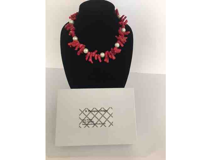 Single-Stranded Red Bamboo Beaded Necklace with White Pearls
