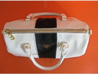 Prada: White Stripe Satchel Handbag