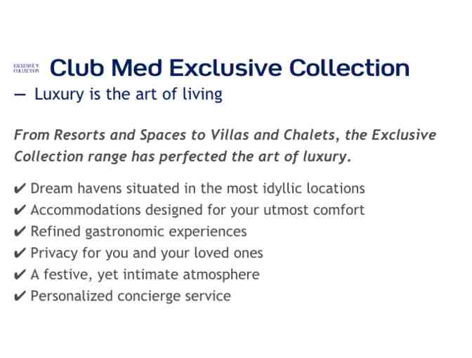 Club Med Resort Vacation 7 night Vacation for 2 pers. - Choose from 5 Locations