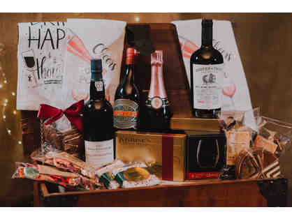 Gourmet wine, chocolate and gift basket.