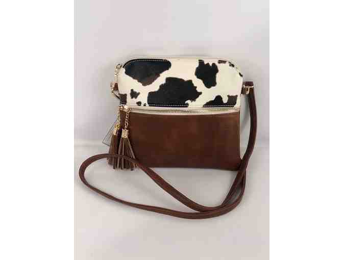Jen and Co. Brown Crossbody Black and Cow Print with tassel detail
