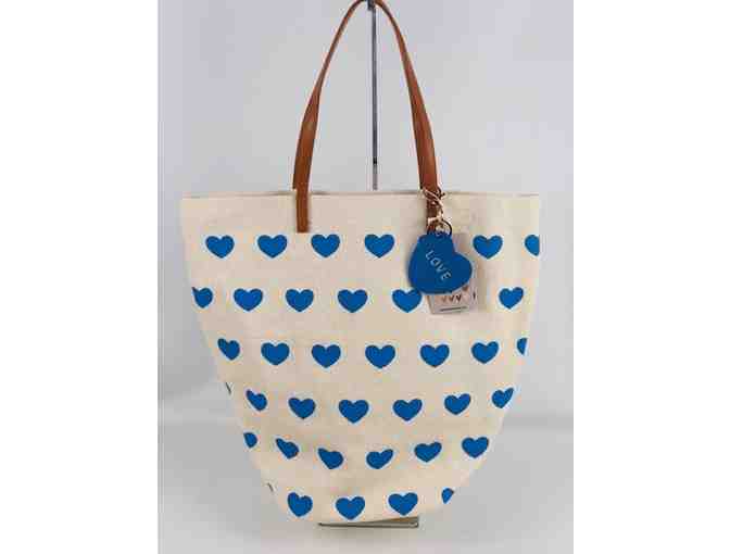 Most Wanted Cream and Blue Heart Tote w/ brown handles