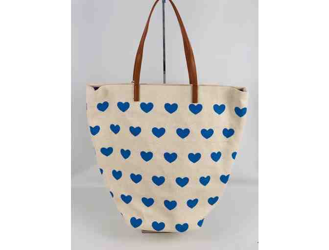 Most Wanted Cream and Blue Heart Tote w/ brown handles