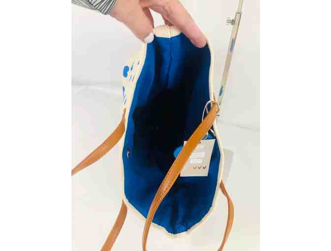 Most Wanted Cream and Blue Heart Tote w/ brown handles