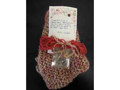 Reading shawl with charms handknitted by Mrs. Corish