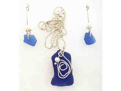 Lovely and rare deep blue beach glass necklace & matching earrings