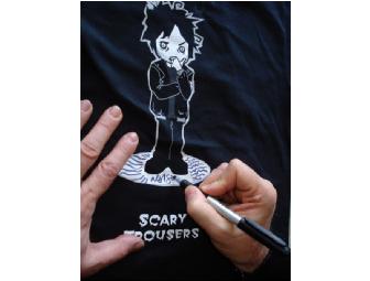 Neil Gaiman signed Scary Trousers t-shirt, buttons and uncut 4-panel postcard!