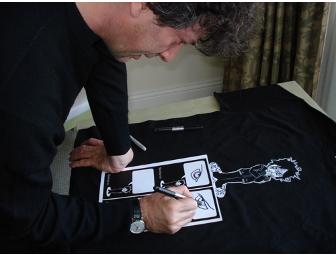 Neil Gaiman signed Scary Trousers t-shirt, buttons and uncut 4-panel postcard!