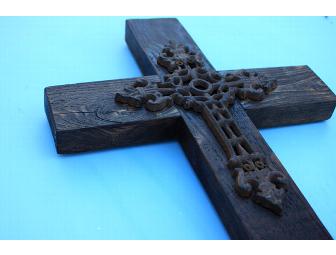 Rustic Wooden Cross with Cast Iron Cross Inset