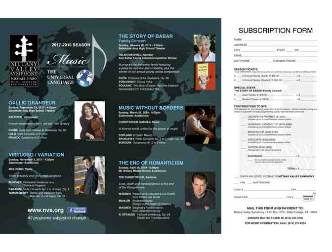 A pair of season tickets for the Nittany Valley Symphony Soundscapes