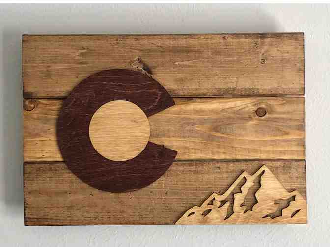 Art - Colorado Flag Wood Art - Small (Natural with Mountains)
