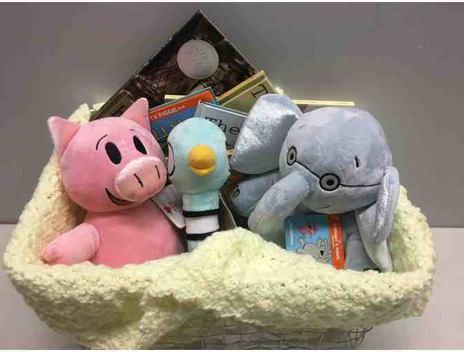 Mo Willems Books, Plush Animals, and Yellow Afghan