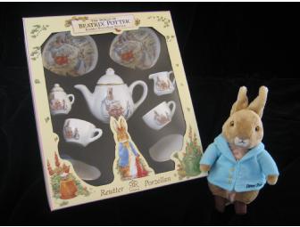 Beatrix Potter Porcelain Tea Service for 2 and Stuffed Peter Rabbit