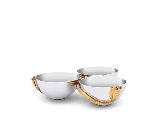 'L'OBJET USA' Stainless Steel & 24K Gold 3-Bowl Condiment Server with Decorative Leaves