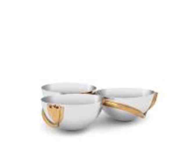 'L'OBJET USA' Stainless Steel & 24K Gold 3-Bowl Condiment Server with Decorative Leaves