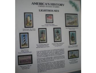 Framed collection of U.S. lighthouse stamps