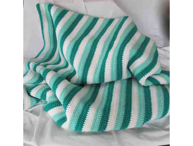 Hand-knit Green and White Afghan (Top 2)