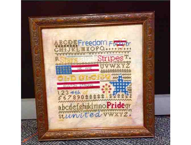 Hand embroidered and framed Boston Strong counted cross stitch