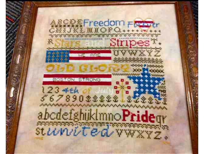 Hand embroidered and framed Boston Strong counted cross stitch
