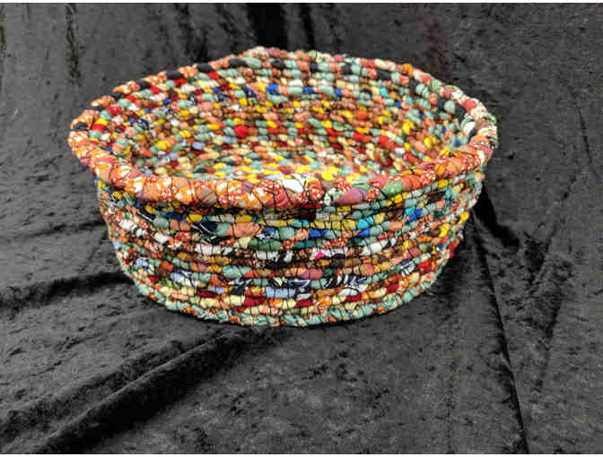 Round Braided Multicolor Fabric Basket Handcrafted by Linda Lakshminarayanan